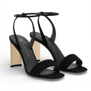 $1025~GIUSEPPE ZANOTTI~Suede CHARLINE Curved Gold Mirror Heel Sandals~7/7.5/37.5